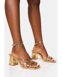 Public Desire - Robin Bronze Strappy Square Toe Mid Block Heels - Lyst