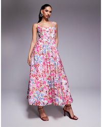 Bardot - – midikleid mit korsettdetail und blumenmuster - Lyst