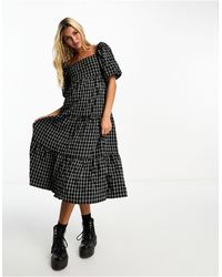 Monki - Tiered Midi Smock Dress With Puff Sleeves - Lyst