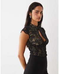 Oh Polly - Lace Mandarin Collar Cap Sleeve Cut Out Detail Top - Lyst