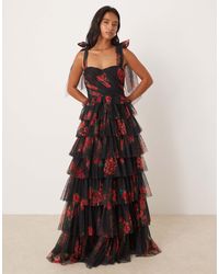 knee length dresses for ladies Lace & Beads Naomi Lilac Floral Tulle Maxi Dress – Love My Apparel main image 1