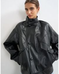 TOPSHOP - Oversized Faux Leather Funnel Button Through Jacket - Lyst