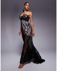 ASOS - Sculpted Boned Corset Detail Bandeau Lace Maxi Dress With Fishtail Hem And Contrast Lining - Lyst
