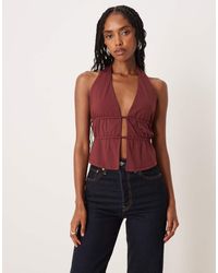 ASOS - Top Rojo Con Cuello Halter Y Detalle Fruncido En La Cintura De Poliamida De - Lyst