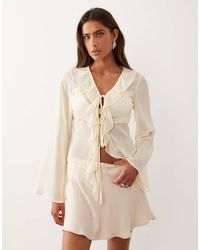 The Frolic - Exclusive Sheer Chiffon Frill Detail Tie Front Flare Sleeve Top - Lyst