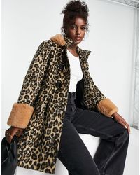 Miss Selfridge - Leopard Duffel Swing Coat With Fur Hood - Lyst