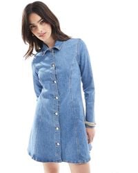 Miss Selfridge - Seam Detail Stretch Denim Fit And Flare Long Sleeve Mini Dress - Lyst