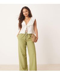 Vila - Broek Van Linnenmix Met Gestrikte Taille En Wijde Pijpen - Lyst