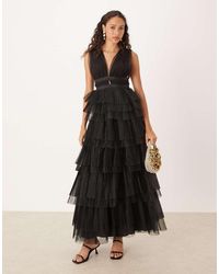 True Decadence - Plunge Front Tulle Layered Midi Dress - Lyst