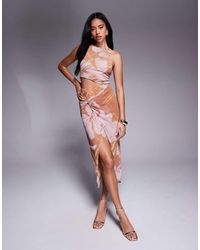ASOS - Vestito Midi Allacciato Al Collo Con Gonna A Portafoglio E Stampa - Lyst