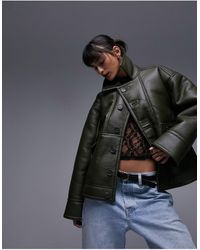 TOPSHOP - Faux Leather Shearling Oversized Car Coat With Borg Lining - Lyst