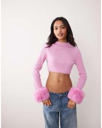 Miss Selfridge - Crew Neck Knitted Jumper With Fur Cuff - Lyst