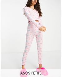ASOS Asos Design Petite Floral Print Pointelle Long Sleeve Top & legging Pyjama Set With Frill Hem - Pink