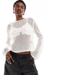 Monki - Long Sleeve Crochet Top With Rose Detail - Lyst