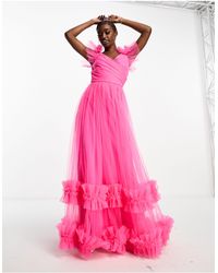 LACE & BEADS - Lace And Beads Tulle Maxi Dress With Frill Detail - Lyst