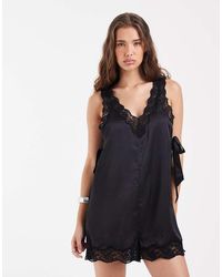 ASOS - Satin V Neck Playsuit With Lace Trims - Lyst