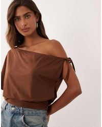 Miss Selfridge - Gathered Off Shoulder Top With Deep Waistband And Lace Trim - Lyst