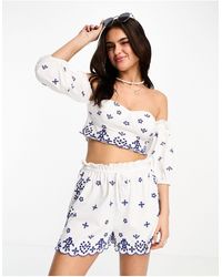 ASOS - Co-ord Off Shoulder Broderie Crop Top With Blouson Sleeve - Lyst