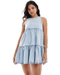 ASOS - Zachte Aangerimpelde Denim Mini-Jurk Met Stroken - Lyst