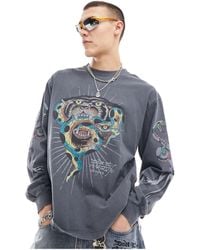 Ed Hardy - Long Sleeve Washed Grey T-shirt With Tiger Head Graphic - Lyst