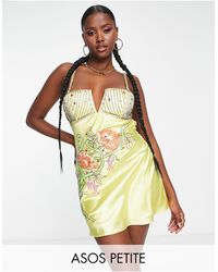 ASOS - Asos Design Petite Bias Cut Mini Satin Dress With Floral Embellishment - Lyst
