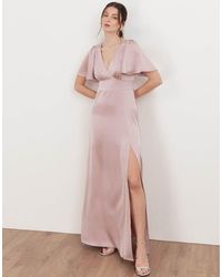 Maya - V Neck Angel Sleeve Satin Maxi Dress - Lyst