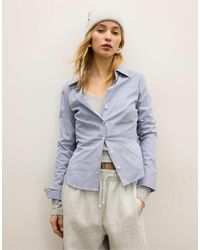 Stradivarius - Camicia Basic Aderente A Righe Blu Scuro - Lyst