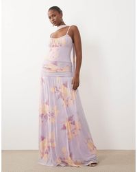ASOS - Printed Mesh Ruched Bust Maxi Dress With Scarf Detail - Lyst