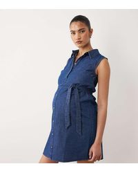 Mama.licious - Mamalicious Maternity Sleeveless Tie Waist Button Front Denim Mini Dress - Lyst