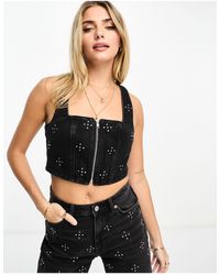 Monki - Co-ord Denim Crop Top With Front Zip Up And Rhinestone Embellishment - Lyst