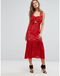 Foxiedox Celestia Lace Midi Peplum Dress - Red