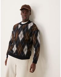 ASOS - Relaxed Fluffy Knitted Crew Neck Jumper With Argyle Pattern - Lyst
