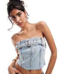 Pull&Bear - Top en jean style corset d'ensemble à détail ceinture - moyen - Lyst