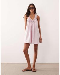 ASOS - V Neck Smock Poplin Mini Sundress With Lace Overlay - Lyst