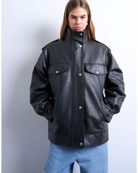 TOPSHOP - Leather Look Oversized Funnel Neck Zip Through Jacket - Lyst