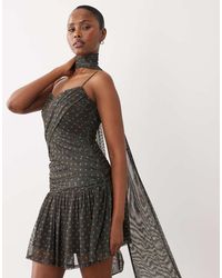 ASOS - Scarf Detail Polka Dot Mesh Mini Dress With Draped Detail - Lyst