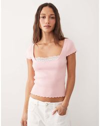 Miss Selfridge - Cap Sleeve Ribbed Knitted Top With Lace Detail - Lyst