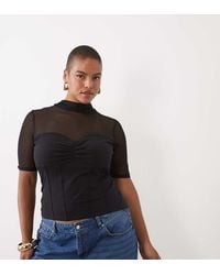 ASOS - Asos Design Curve Compact Cotton Mesh Mix High Neck Short Sleeve Top With Bust Detail - Lyst