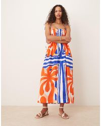 ASOS - – maxikleid aus baumwoll-satin mit gesmoktem dekolleté und abstraktem muster - Lyst