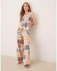 ASOS - – weit geschnittene hose aus leinenmix mit fliesenprint und schnürung vorne - Lyst