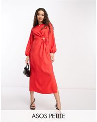ASOS - Asos design petite - robe mi-longue à manches longues avec découpe à la taille - corail - Lyst