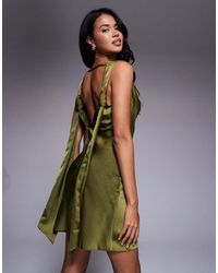 ASOS - Satin Drape Neckline Mini Dress With Long Tie Back Detail And Slit - Lyst