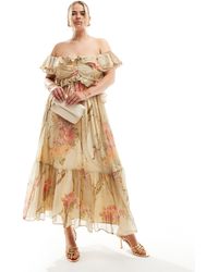 ASOS - Asos design curve - robe mi-longue à imprimé fleuri patchwork et volants avec découpes et épaules dénudées - Lyst