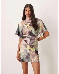 ASOS - Satin High Neck Blouson Mini Dress With Flutter Sleeve - Lyst