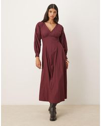 ASOS - Long Sleeve V Neck Poplin Maxi Dress - Lyst