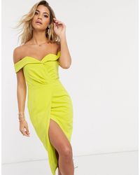 pleated bardot draped belt midi dress in yellow