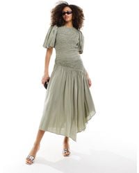 & Other Stories - Linen Blend Asymmetric Hem Midi Dress With Ruche Bodice And Volume Sleeves - Lyst