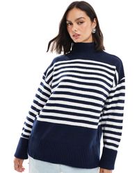 ASOS - Pull en maille à rayures avec col montant et revers retroussés - bleu marine - Lyst