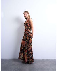 TOPSHOP - Vestito Lungo A Doppio Strato A Fiori Color Ruggine Con Scollo Ad Anello - Lyst