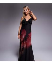 ASOS - Vestido Largo Con Estampado Floral Posicional Rosa, Cuello Desbocado Escotado Y Detalle En La Espalda De Asos Design Petite - Lyst